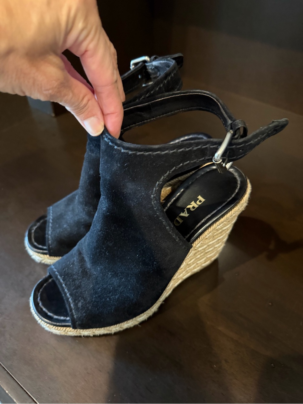 Prada Black Suede Wedge Sandals with ankle strap